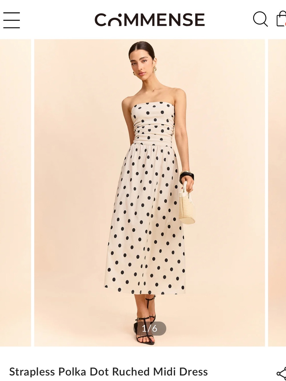 NWT COMMENSE Strapless Polka Dot Ruched Midi Dress Size M